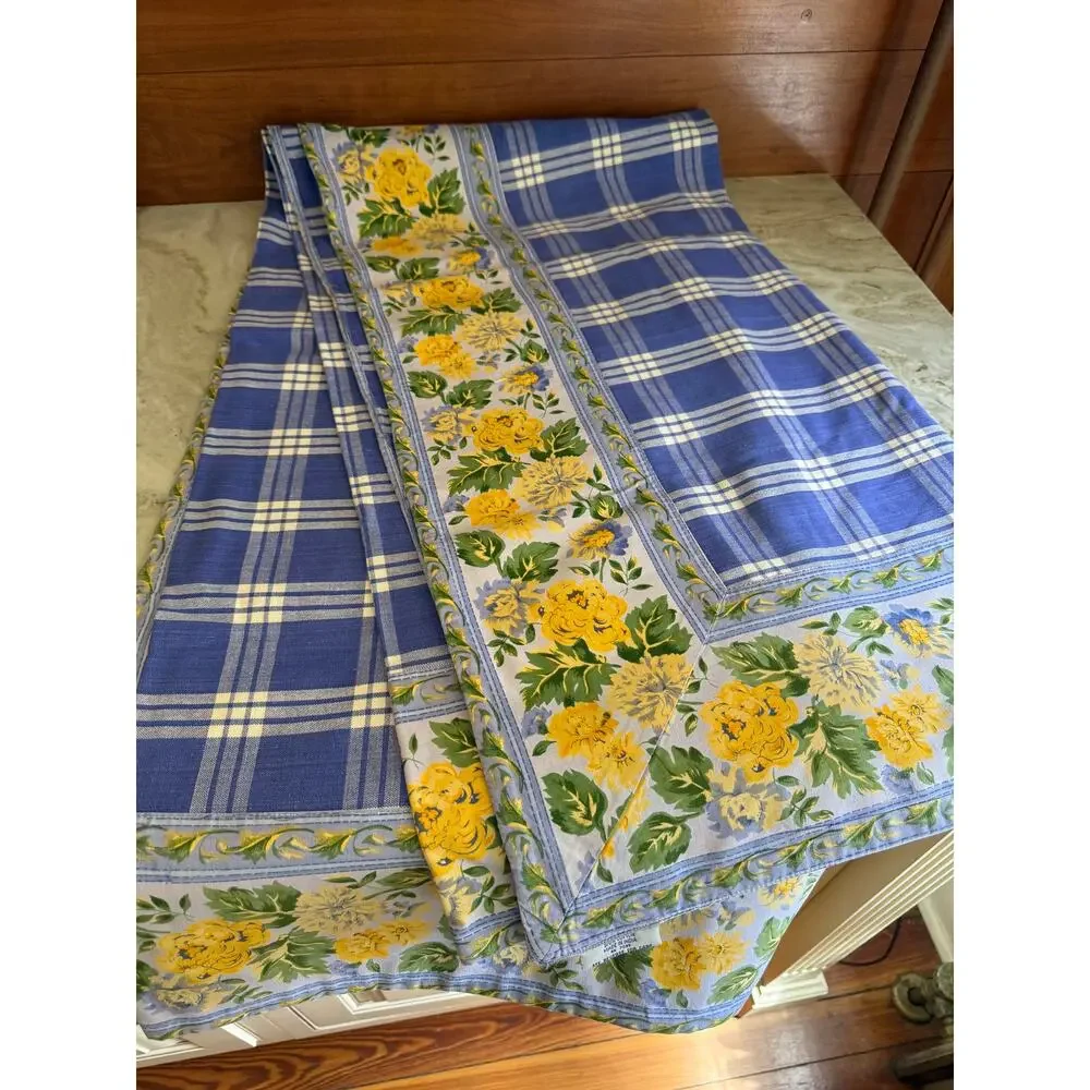 Williams Sonoma Reversible CottonTablecloth Lavender Check Yellow Floral Print